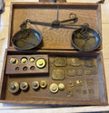 Antique Brass Travel Apothecary & Gold Balance Scale w/ Original Weights & Wood — image 1