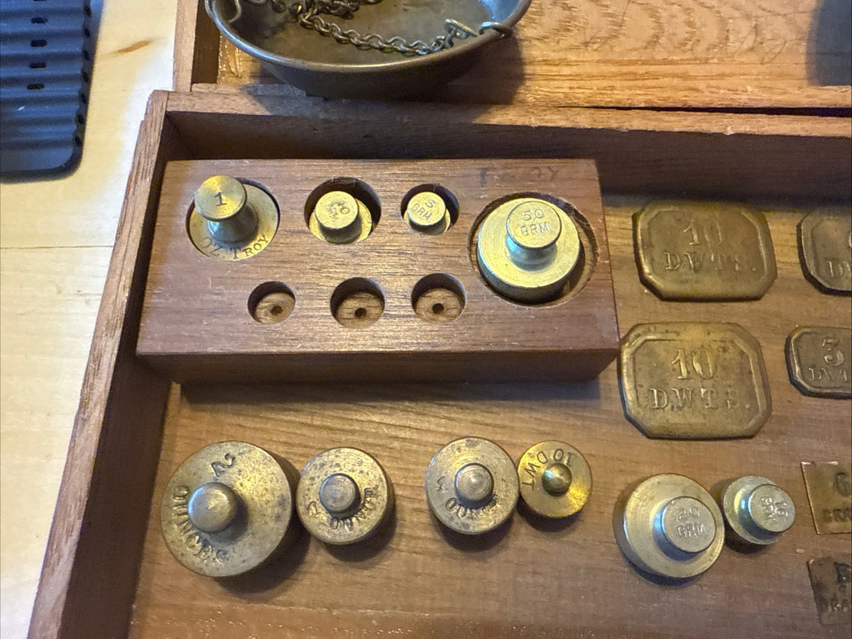 Antique Brass Travel Apothecary & Gold Balance Scale w/ Original Weights & Wood — image 3