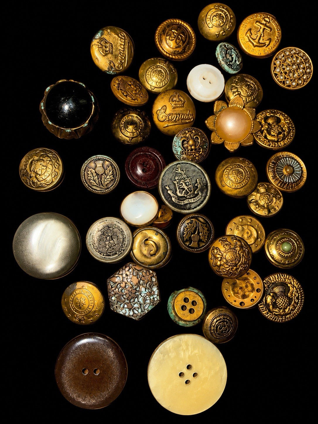 Vintage Antique Button Lot 48 Victorian Brass Metal Pearl Canada Mixed Buttons — image 1