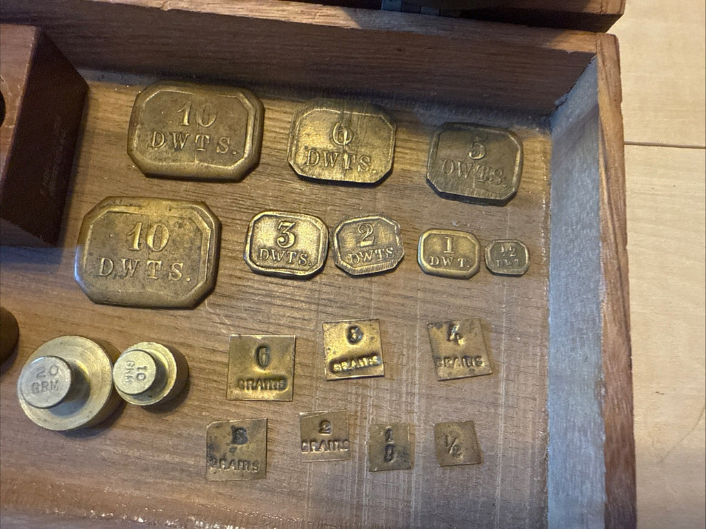 Antique Brass Travel Apothecary & Gold Balance Scale w/ Original Weights & Wood — image 2