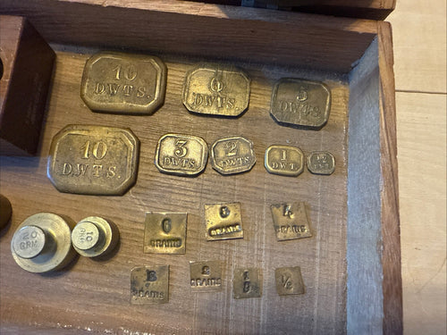 Antique Brass Travel Apothecary & Gold Balance Scale w/ Original Weights & Wood — image 2